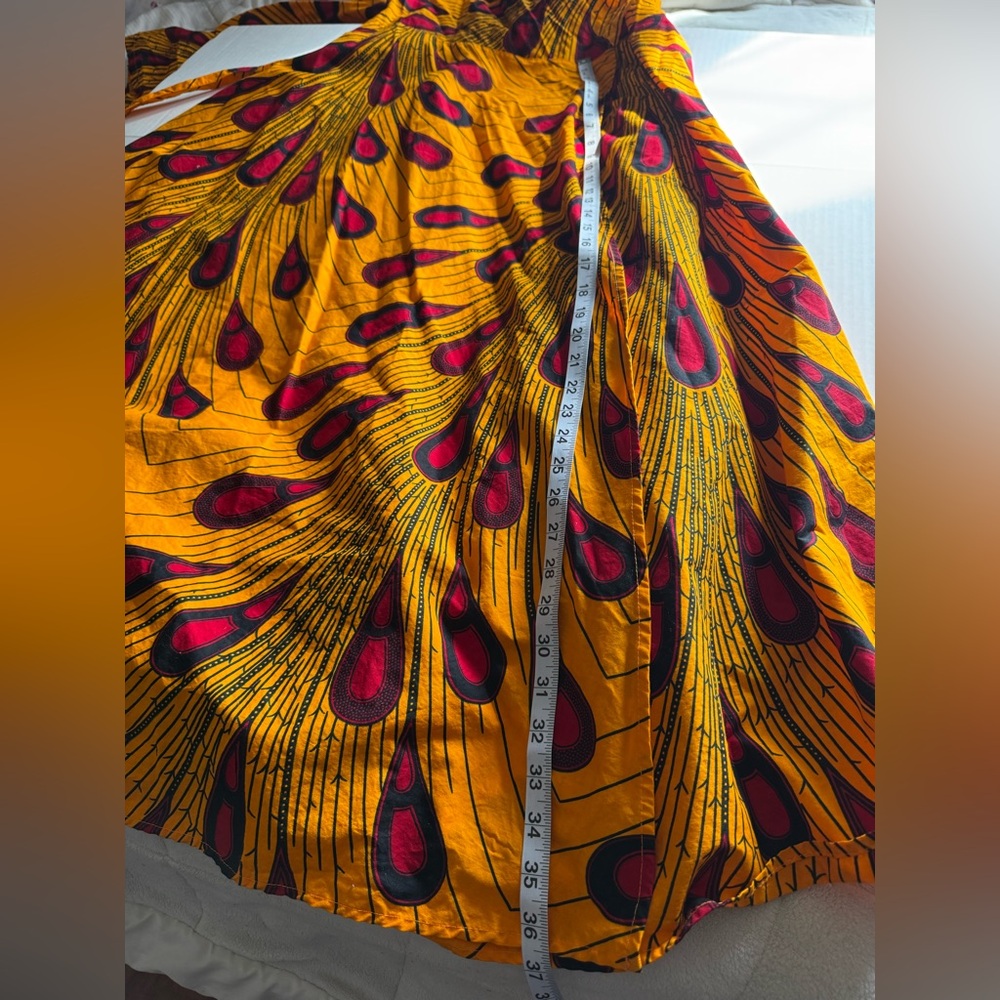 Bold Mustard Yellow Wrap Maxi Dress with Red & Black Accents 57”for wrapping - Picture 10 of 12